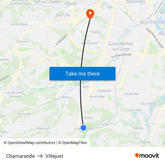Chamarande to Villejust map