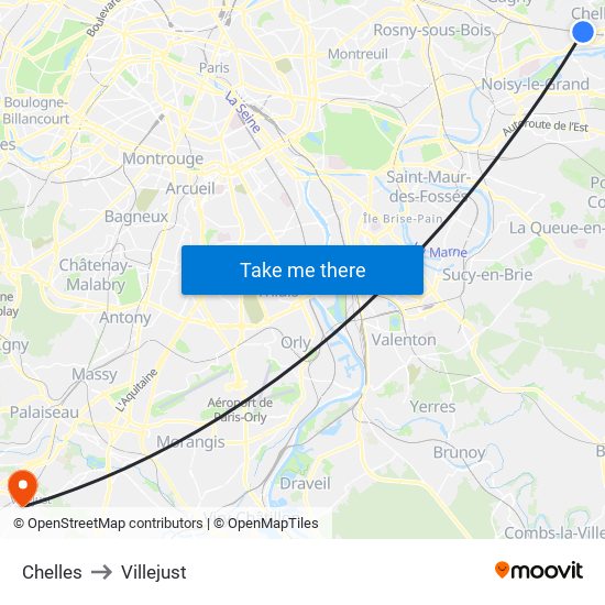 Chelles to Villejust map