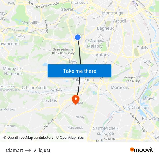 Clamart to Villejust map
