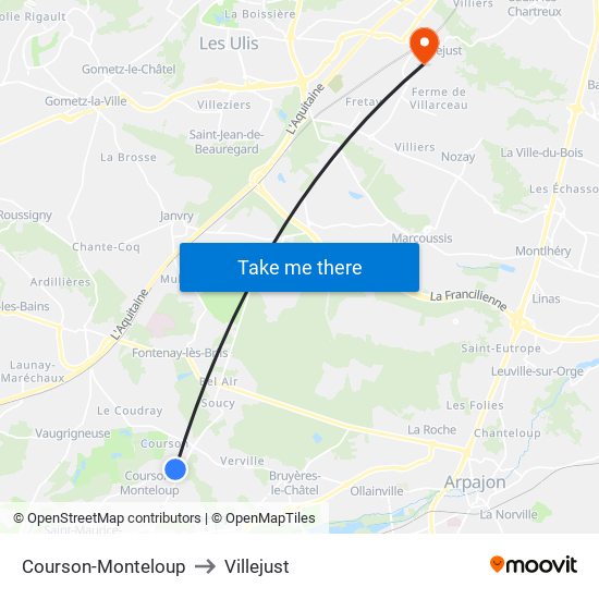 Courson-Monteloup to Villejust map