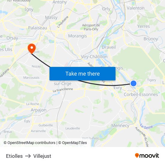 Etiolles to Villejust map