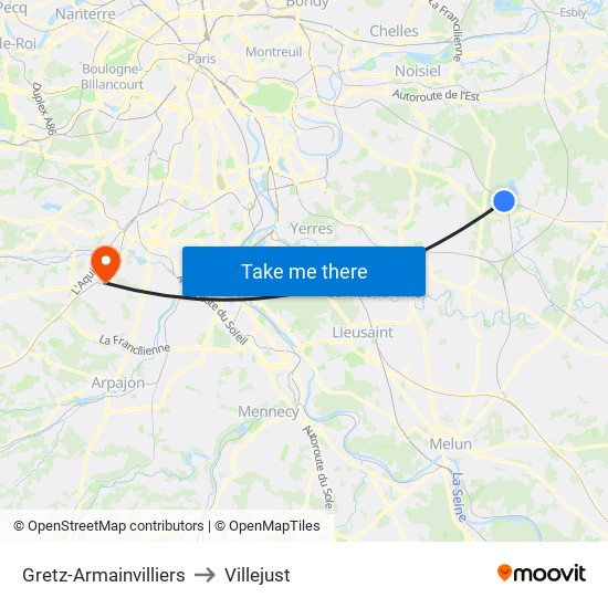 Gretz-Armainvilliers to Villejust map
