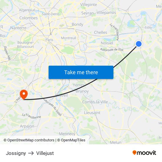 Jossigny to Villejust map