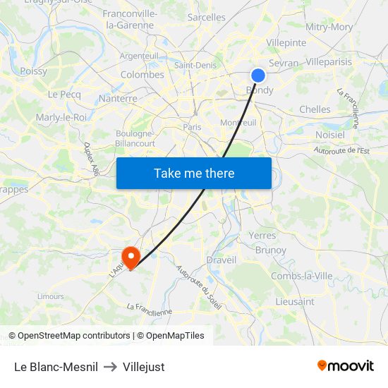 Le Blanc-Mesnil to Villejust map