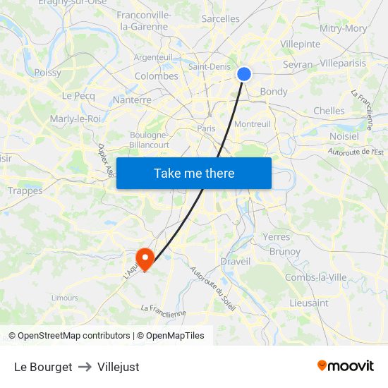Le Bourget to Villejust map