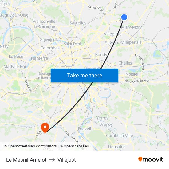 Le Mesnil-Amelot to Villejust map