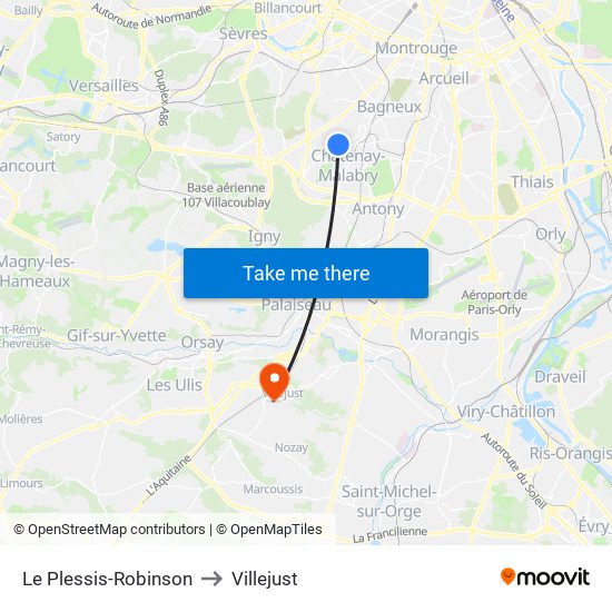Le Plessis-Robinson to Villejust map