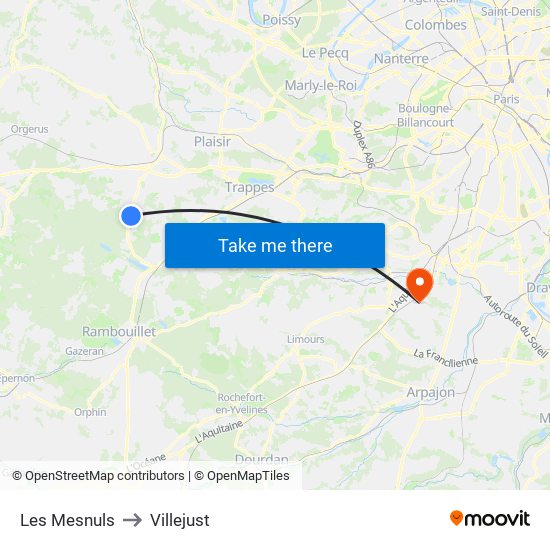 Les Mesnuls to Villejust map