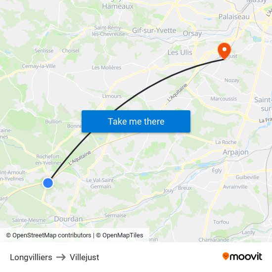 Longvilliers to Villejust map