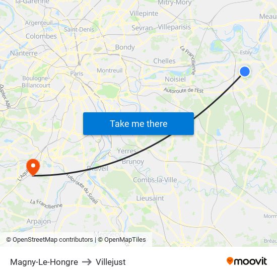 Magny-Le-Hongre to Villejust map