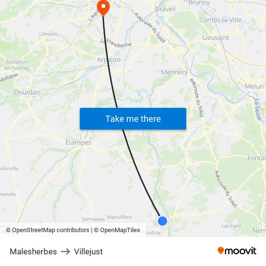 Malesherbes to Villejust map