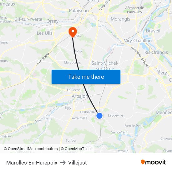 Marolles-En-Hurepoix to Villejust map