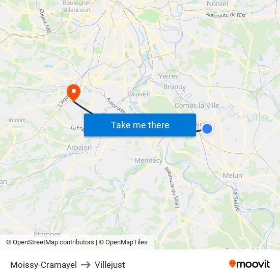 Moissy-Cramayel to Villejust map