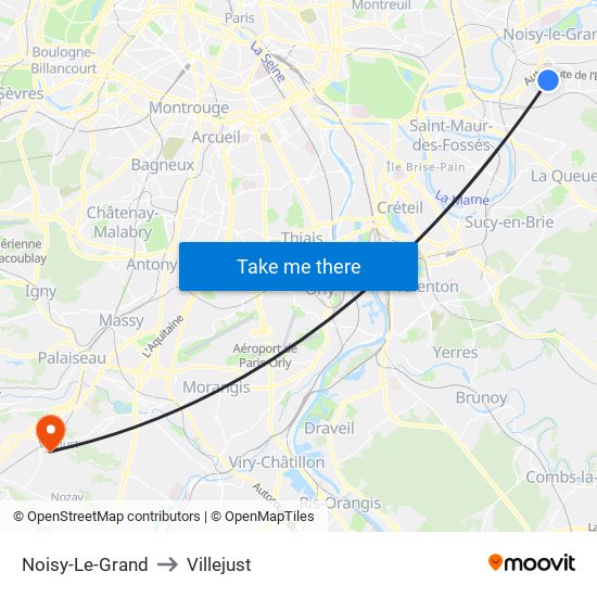 Noisy-Le-Grand to Villejust map