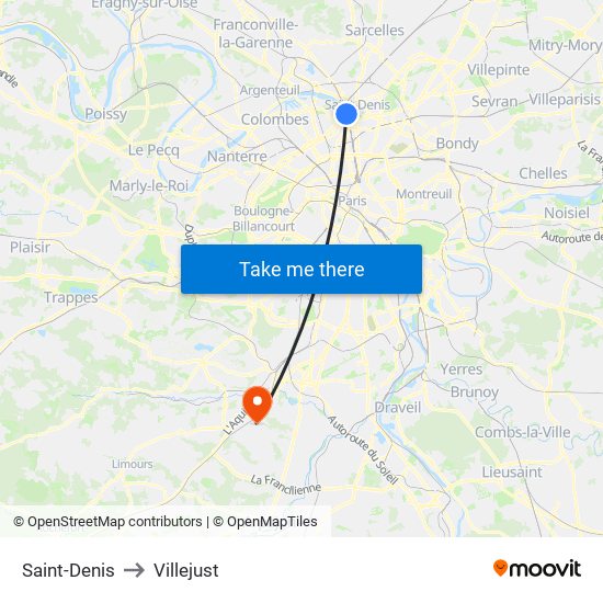 Saint-Denis to Villejust map