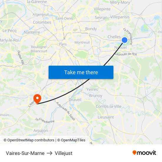 Vaires-Sur-Marne to Villejust map