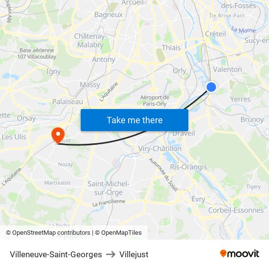 Villeneuve-Saint-Georges to Villejust map