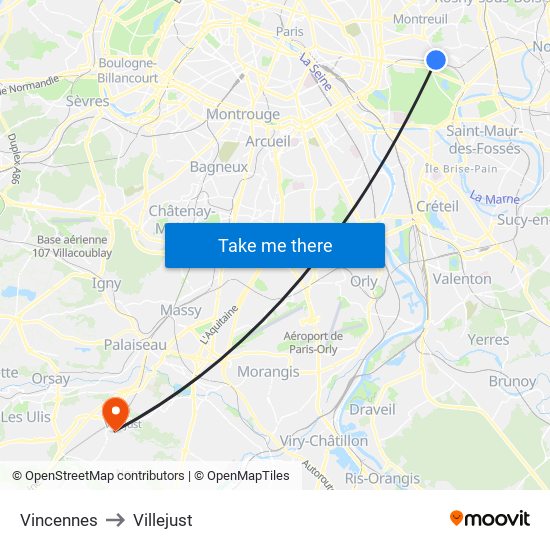 Vincennes to Villejust map