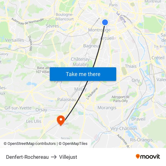 Denfert-Rochereau to Villejust map