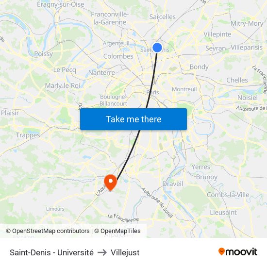 Saint-Denis - Université to Villejust map