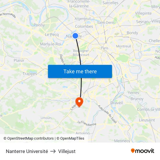Nanterre Université to Villejust map