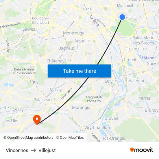 Vincennes to Villejust map