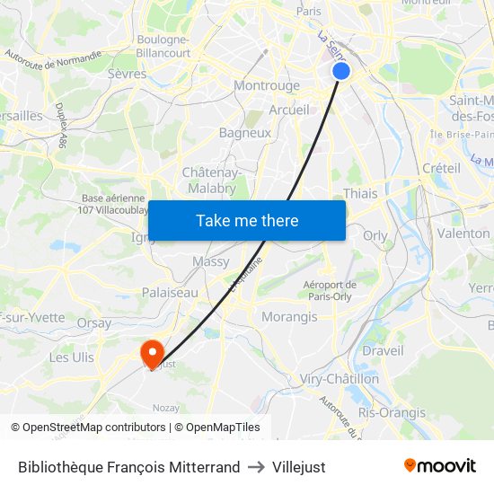 Bibliothèque François Mitterrand to Villejust map