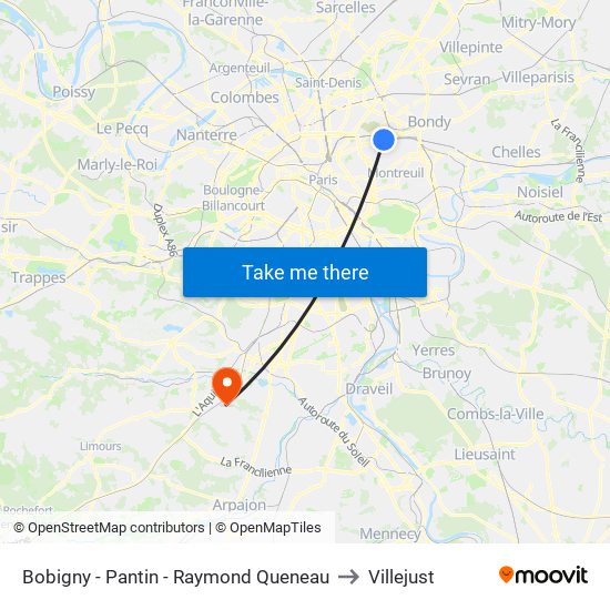 Bobigny - Pantin - Raymond Queneau to Villejust map