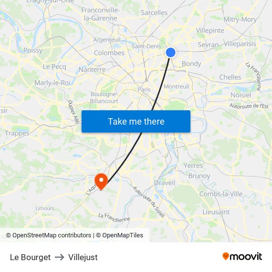 Le Bourget to Villejust map