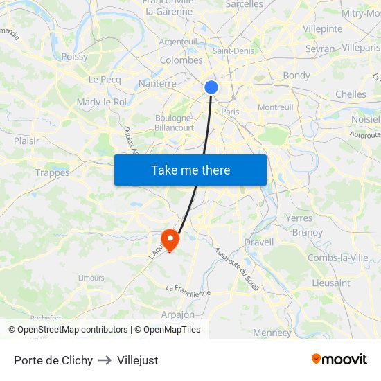 Porte de Clichy to Villejust map