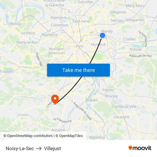 Noisy-Le-Sec to Villejust map