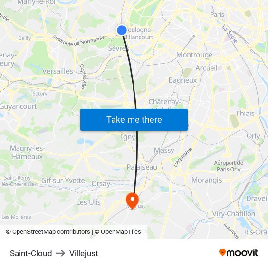 Saint-Cloud to Villejust map