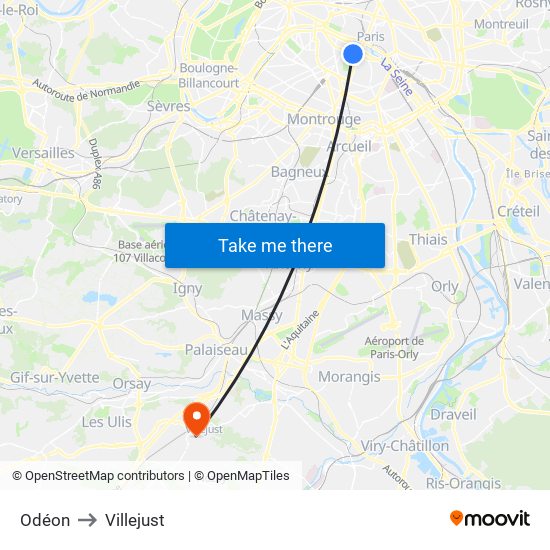 Odéon to Villejust map
