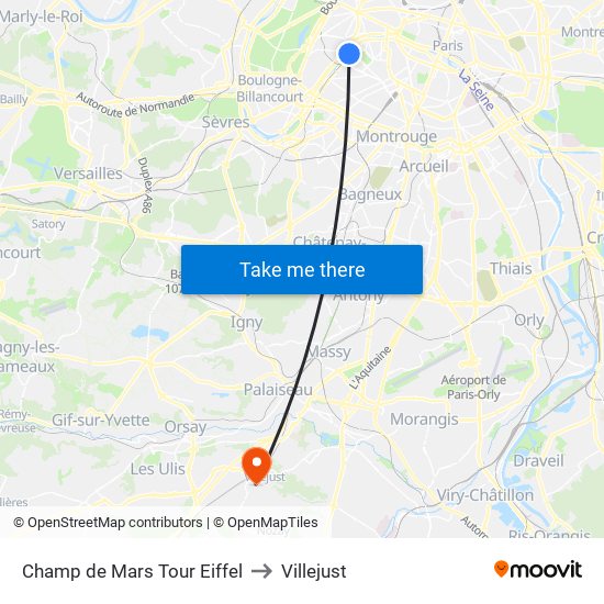 Champ de Mars Tour Eiffel to Villejust map