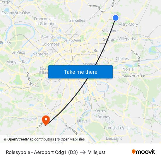 Roissypole - Aéroport Cdg1 (D3) to Villejust map