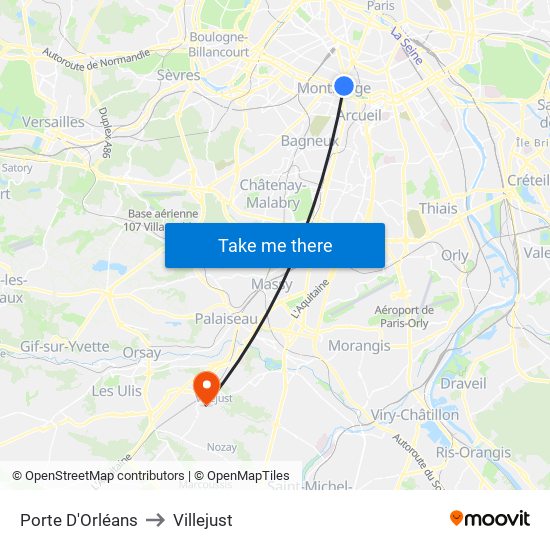 Porte D'Orléans to Villejust map