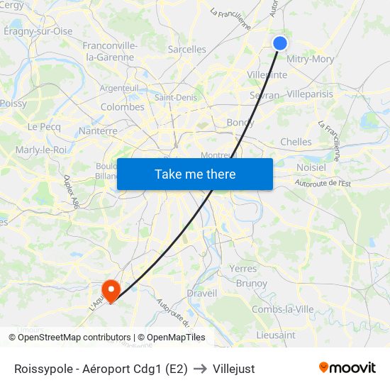 Roissypole - Aéroport Cdg1 (E2) to Villejust map