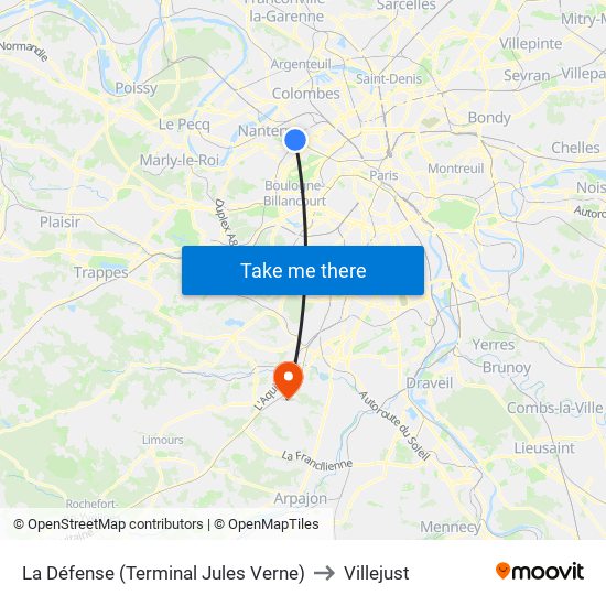 La Défense (Terminal Jules Verne) to Villejust map