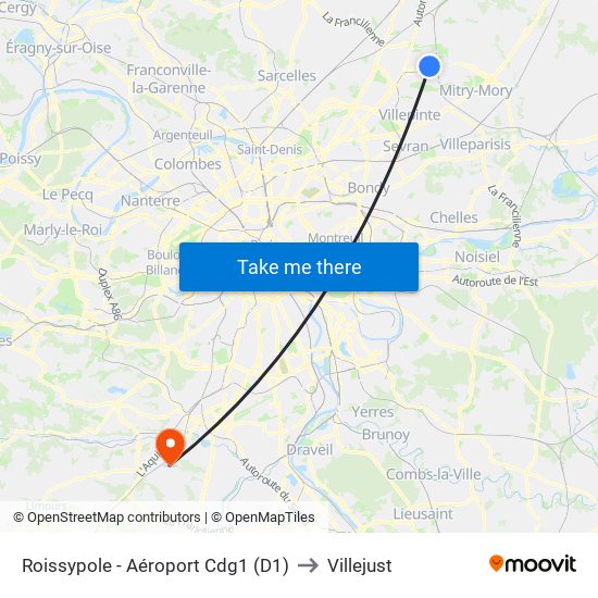 Roissypole - Aéroport Cdg1 (D1) to Villejust map