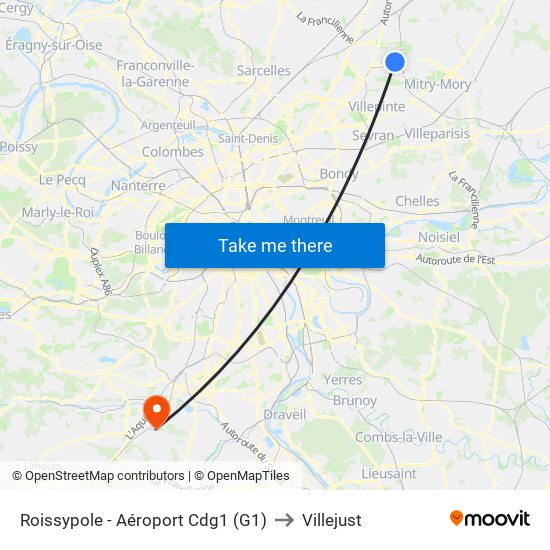 Roissypole - Aéroport Cdg1 (G1) to Villejust map