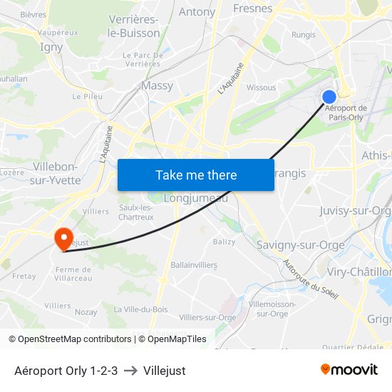 Aéroport Orly 1-2-3 to Villejust map