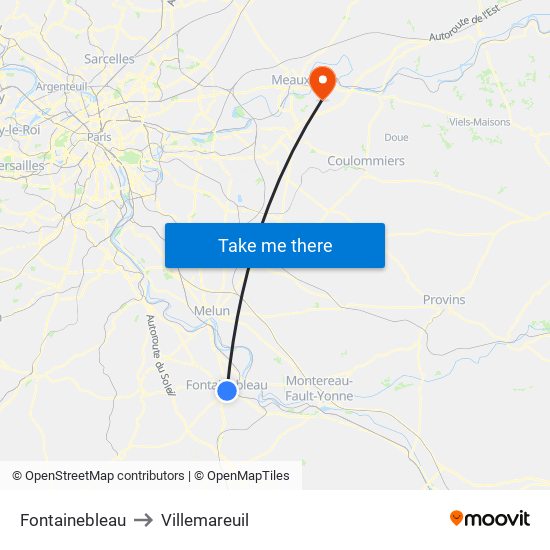 Fontainebleau to Villemareuil map