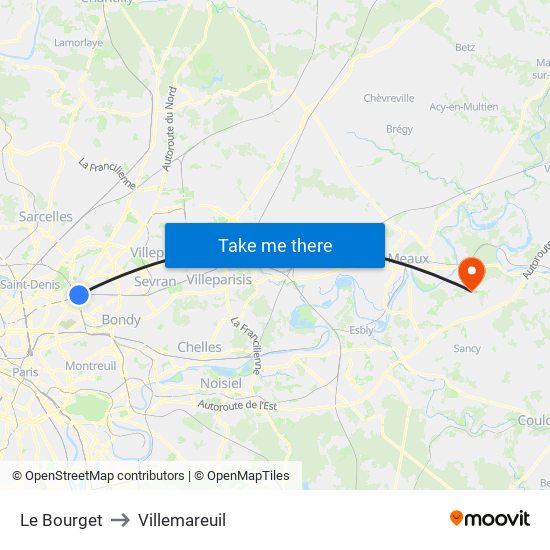 Le Bourget to Villemareuil map