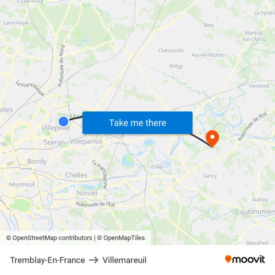 Tremblay-En-France to Villemareuil map