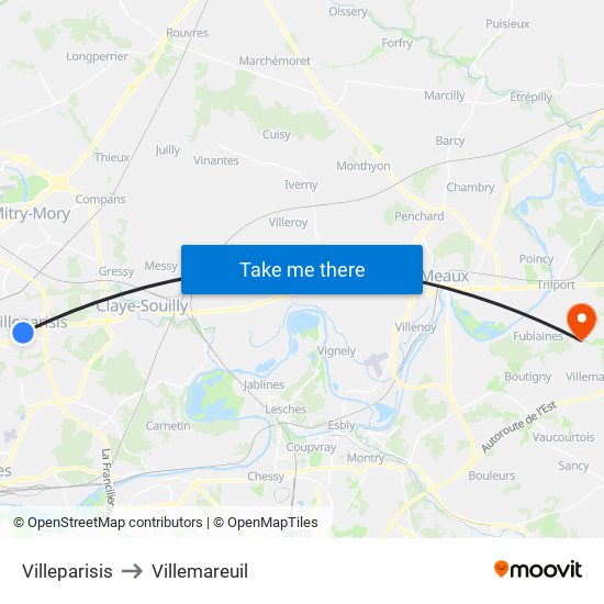 Villeparisis to Villemareuil map