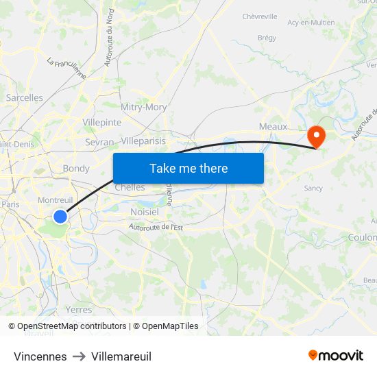 Vincennes to Villemareuil map