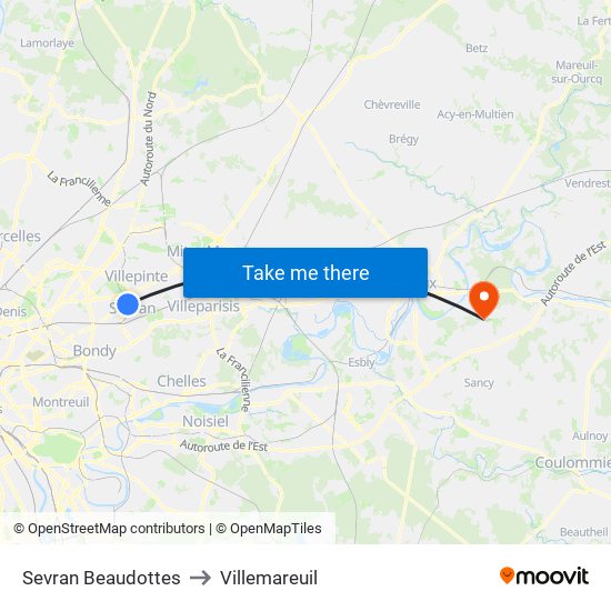 Sevran Beaudottes to Villemareuil map
