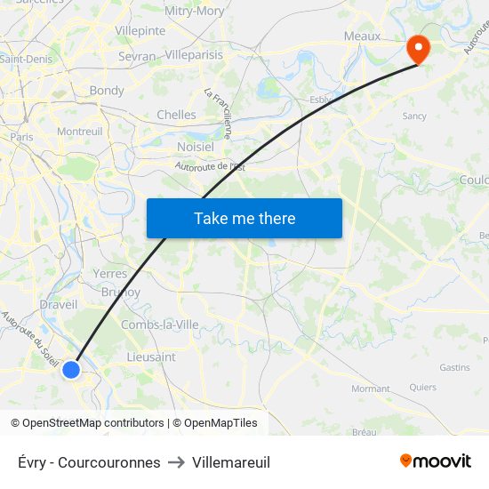 Évry - Courcouronnes to Villemareuil map