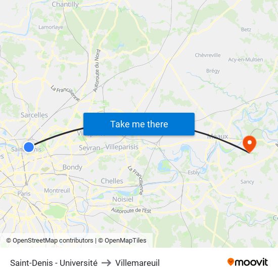 Saint-Denis - Université to Villemareuil map