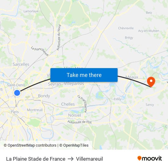 La Plaine Stade de France to Villemareuil map